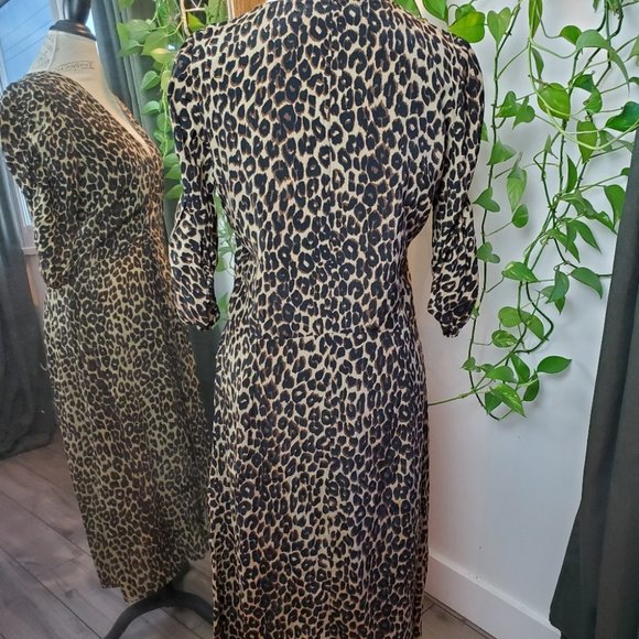 FAITHFUL THE BRAND | Anne Marie Leopard Midi Ruched Sleeves Dress (Size M) - Picture 9 of 14